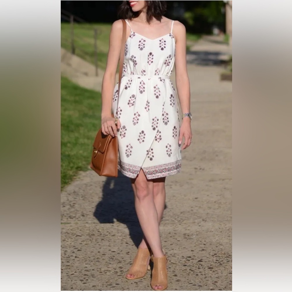 Madewell Silk Sandstar Vine Floral Indian Mini Dress Ivory/Navy Blue/Red Size 12
